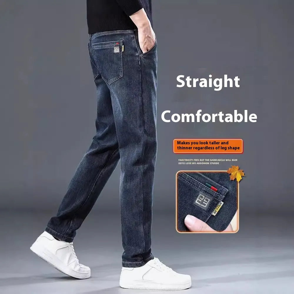 Men's slim straight casual trousers in blue grey, showing loose fit and street style.