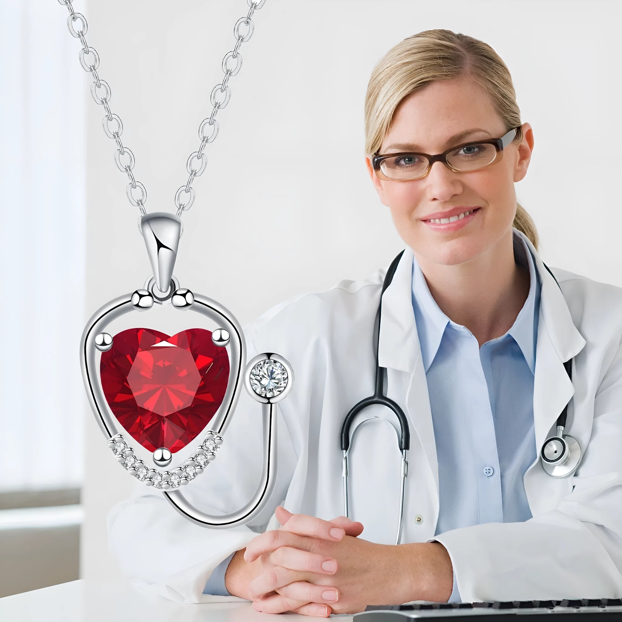 Women's copper stethoscope pendant necklace with electroplated red diamond colour finish