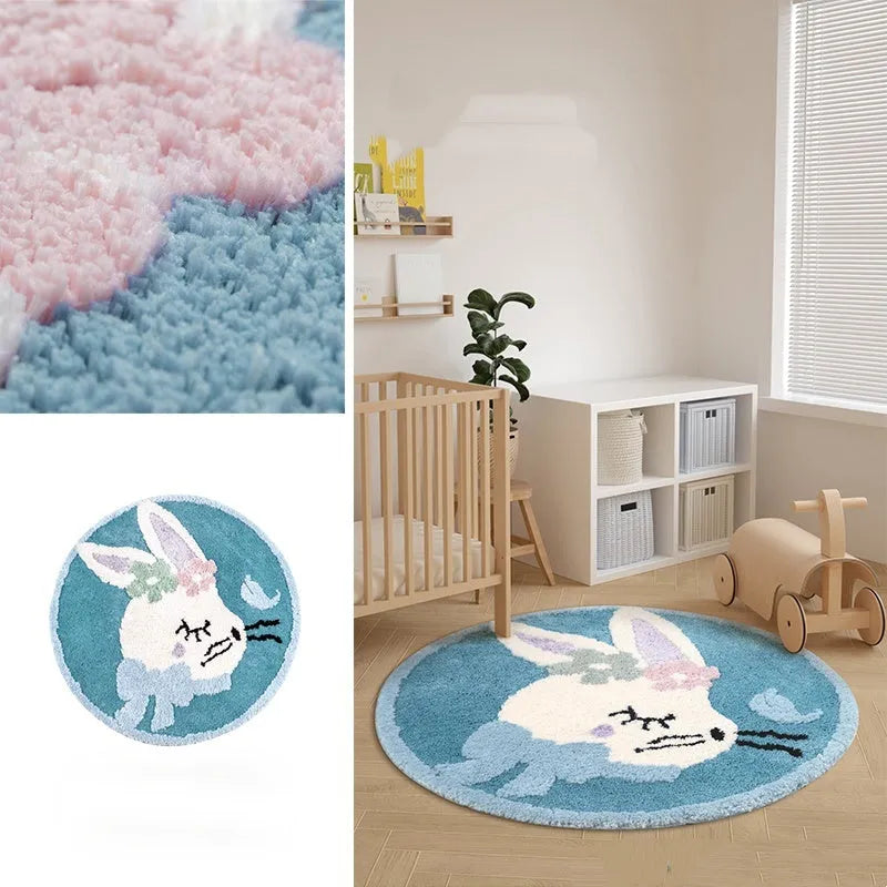 Round children's carpet with rabbit print, polyester, 80cm diameter, anti-slip, forest green