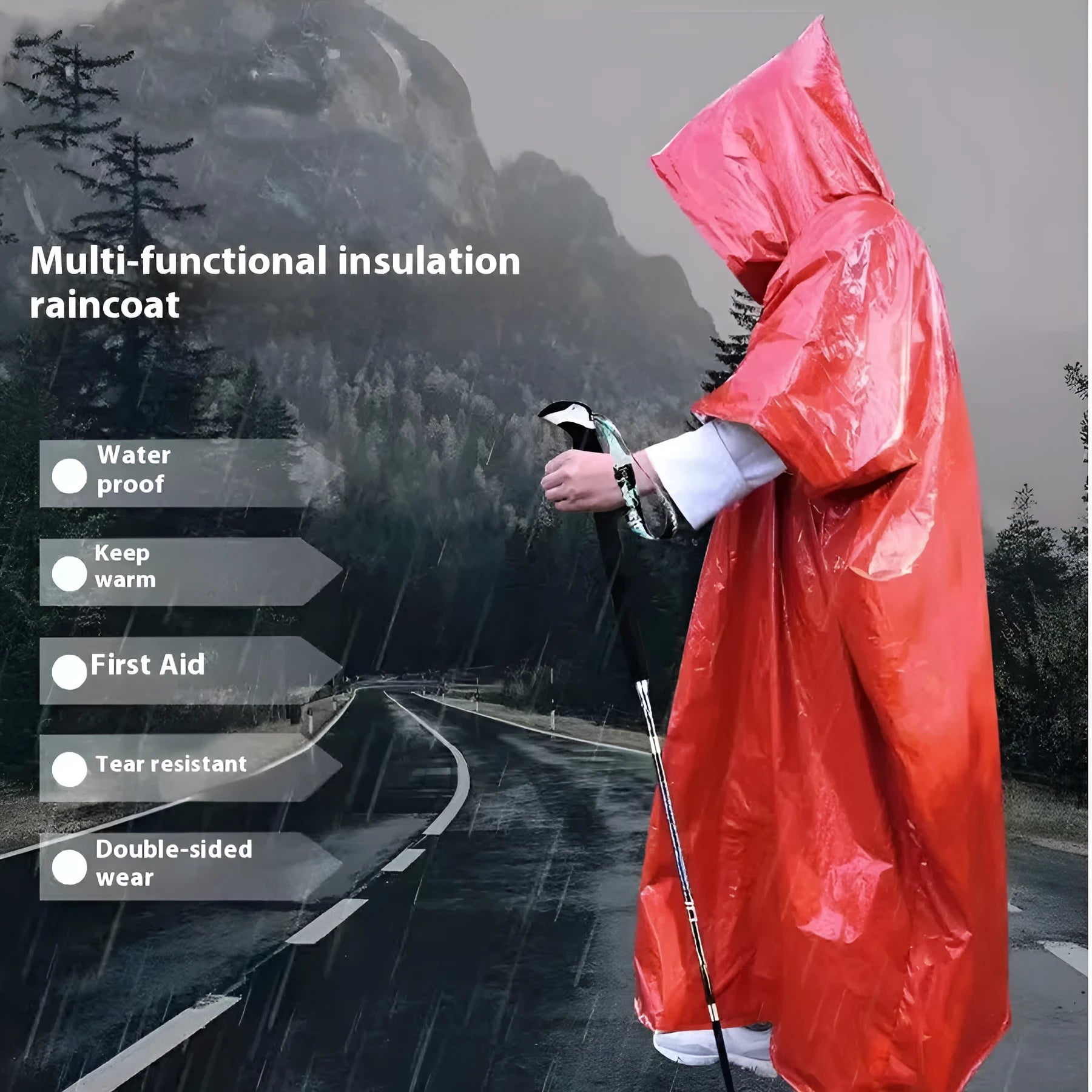 Orange and army green waterproof raincoat poncho laid flat, showing its 100x130cm size for outdoor use.