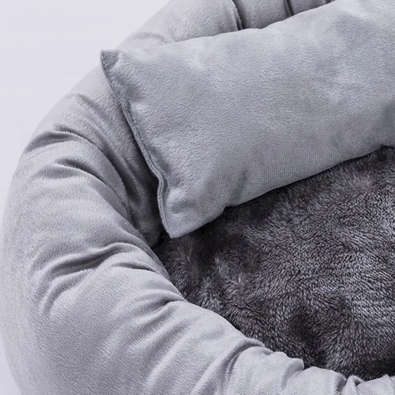 Grey round plush pet bed with removable pillow for small dogs and cats
