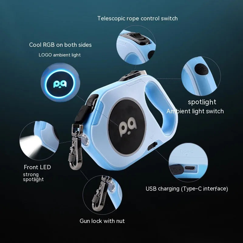 New LED light retractable dog leash with USB rechargeable light in black and white on outdoor background