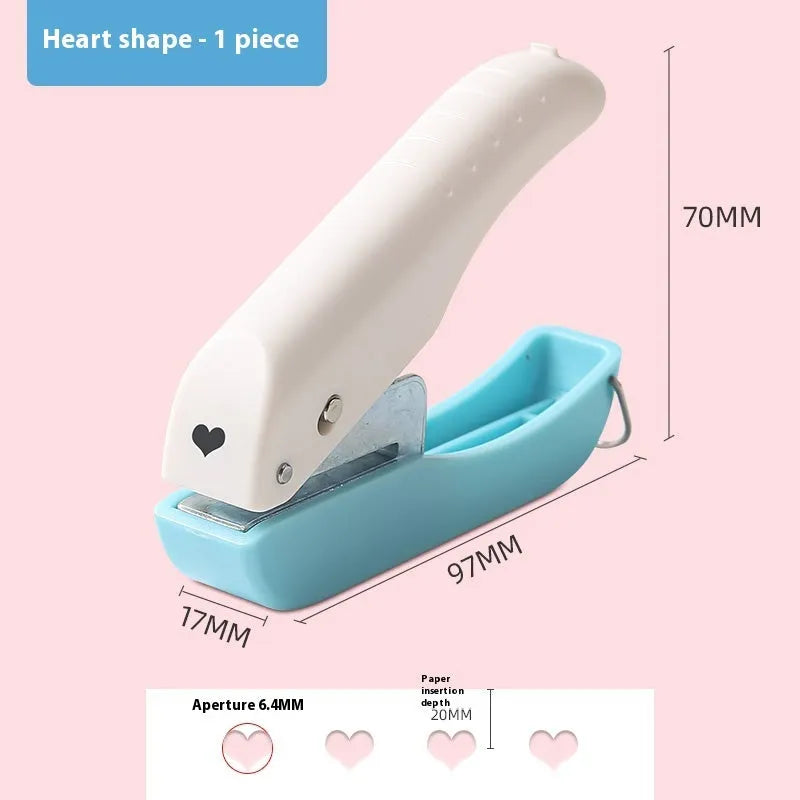 Manual craft punching machine showing love, star, and round hole shapes for paper.