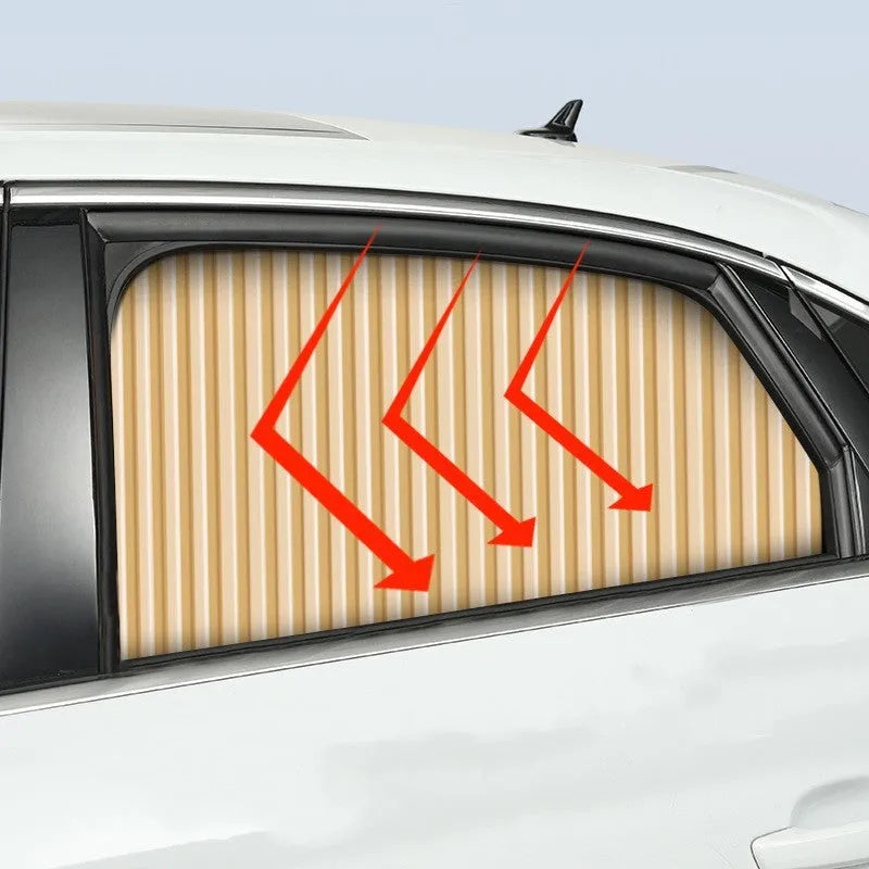 Auto retractable car sunshade curtain in roller shutter design showing gold, silver, and black colour options
