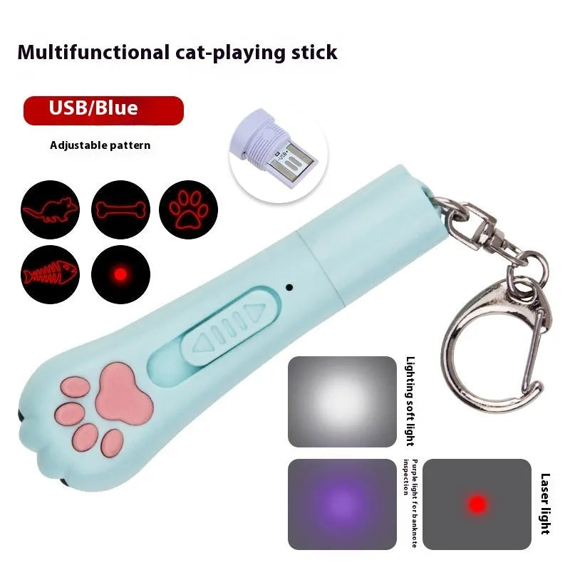 Rechargeable cat teasing stick with laser projector in blue colour