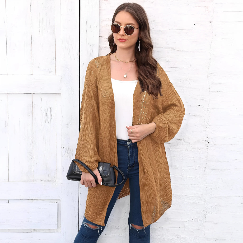 Women's loose-fit acrylic sweater coat in army green, shown on a hanger.
