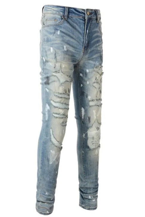 Men's patch slimming perforated leggings in light blue denim cotton, shown on model, multiple sizes available