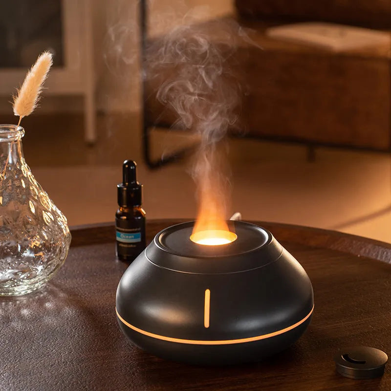 Flame effect aroma diffuser humidifier with colourful LED light, 130ml capacity, round shape, USB plug-in, white black or cracked black
