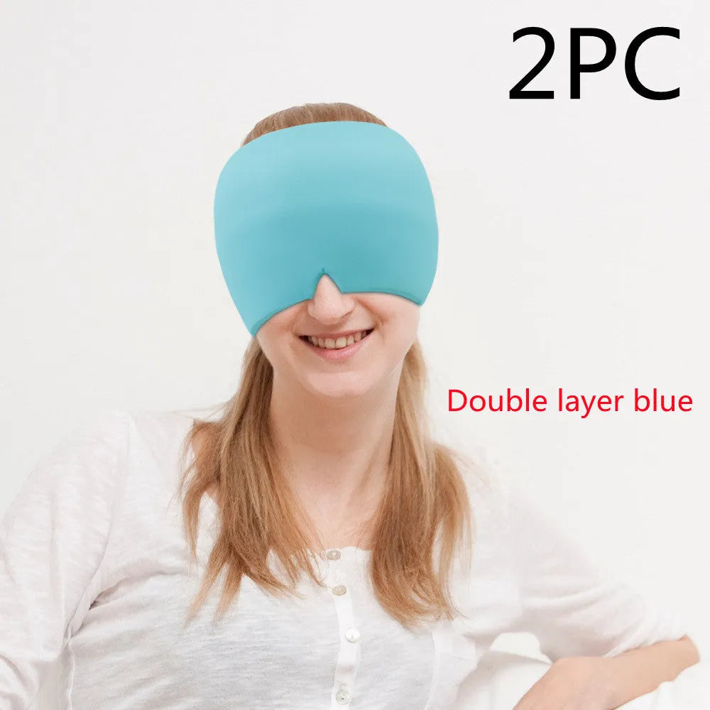 Black elastic cloth gel ice headache relief eye mask showing adjustable headband and cooling gel construction