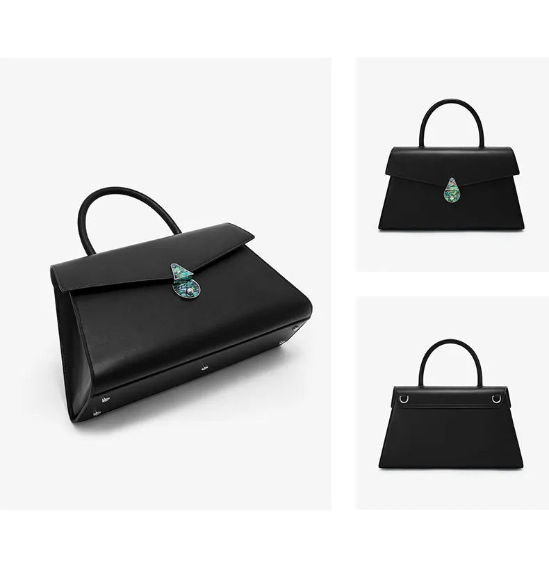 Women's large capacity top layer cowhide leather shoulder bag with adjustable 52-57cm strap, black or red, flap latch.
