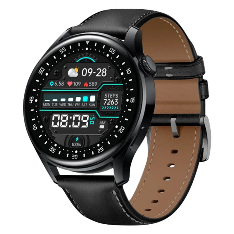 Smart watch ring with circular screen on a silicone strap, shown in black leather and silver steel finish options.