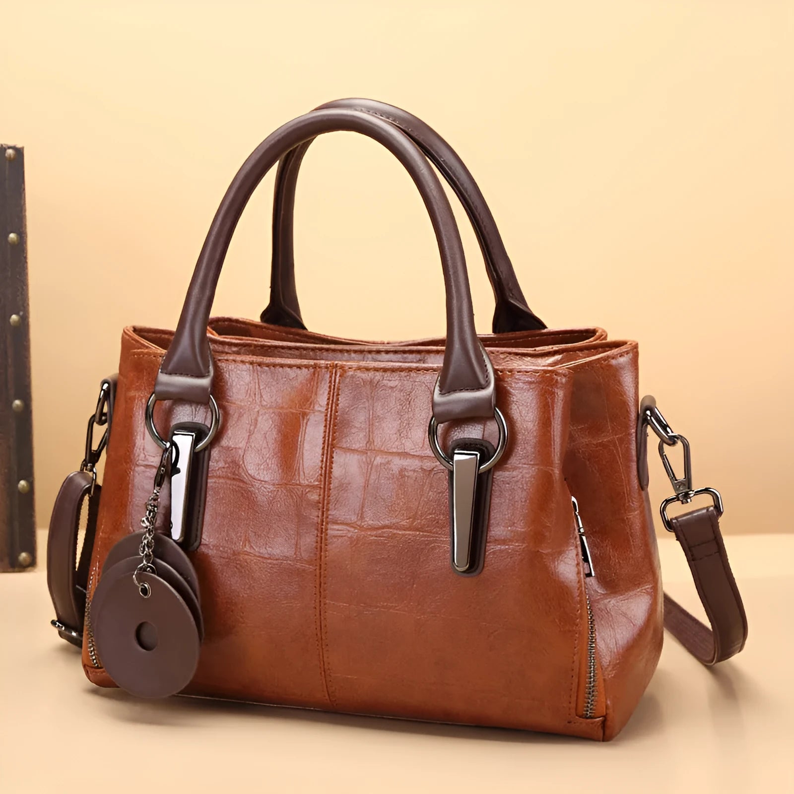 Large horizontal square PU shoulder bag with contrasting stitching and multiple internal compartments