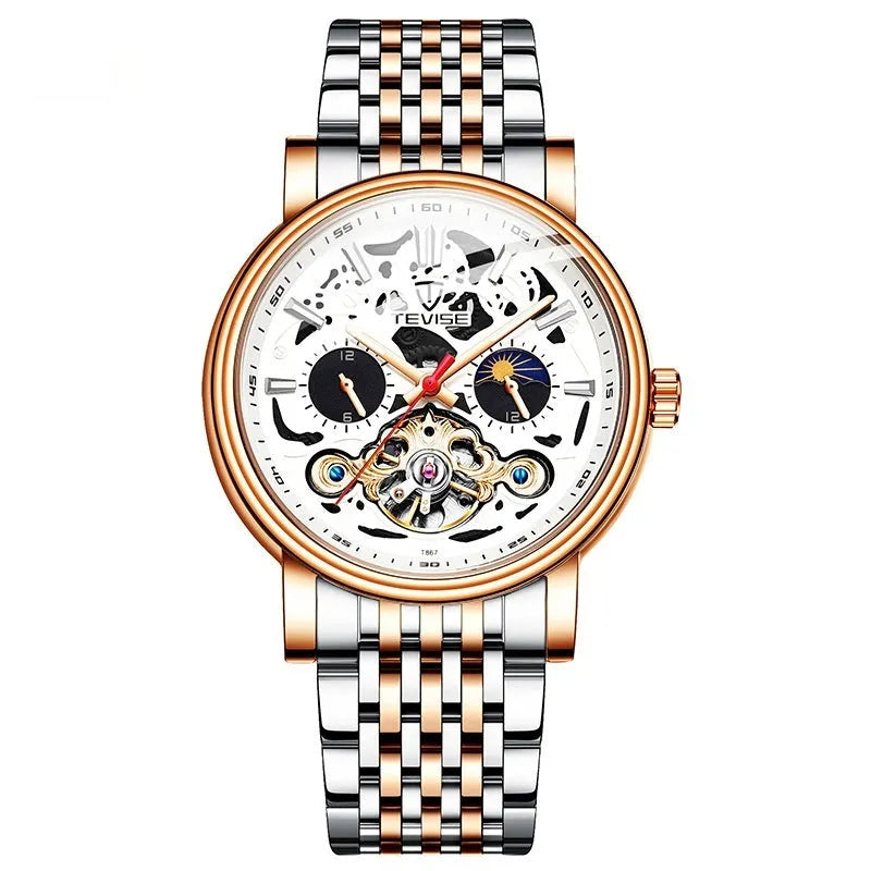 Men's black tourbillon mechanical watch with luminous markers on a leather strap.