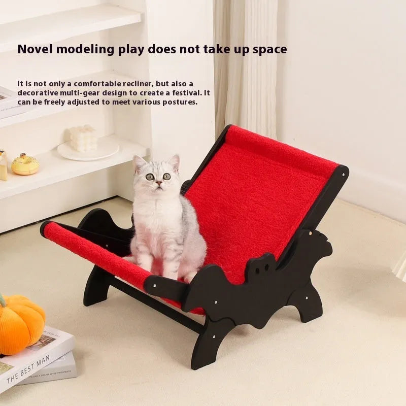 Black and red Halloween-themed wooden cat recliner bed with slatted frame.