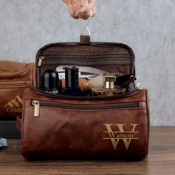 Men's personalised PU leather travel bag in black, light brown, brown, or dark brown colour