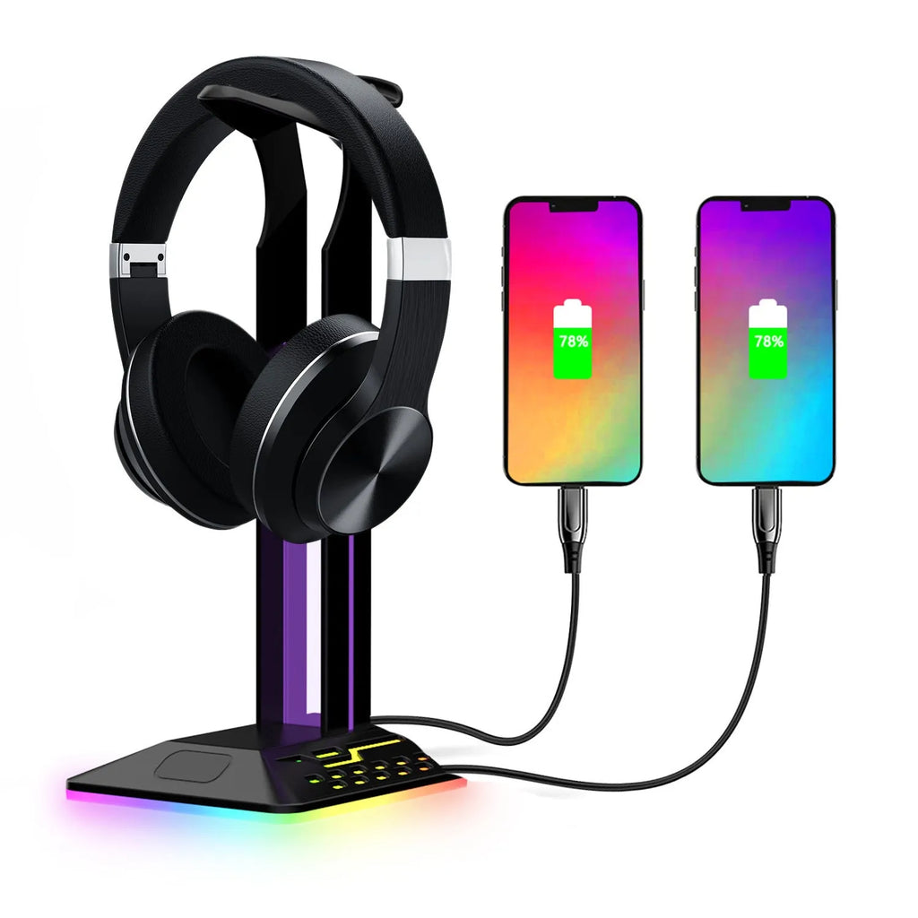 RGB colour-changing headset display bracket with integrated dual USB ports on the base.