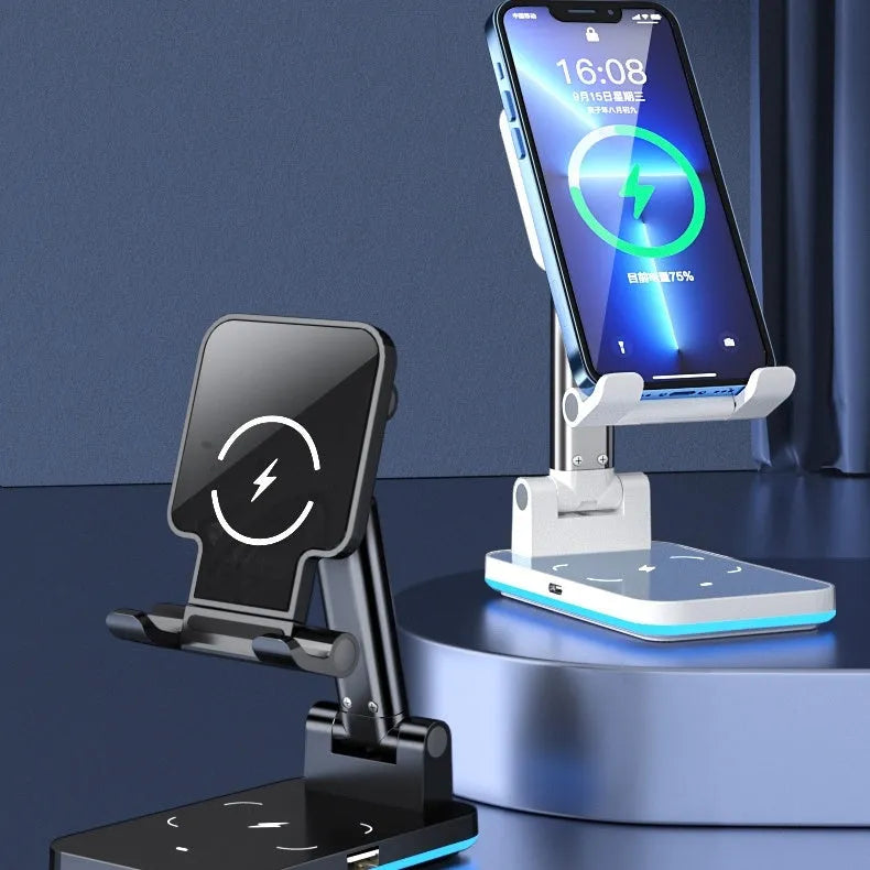 Black and white desktop phone stand with integrated wireless Qi charging pad.