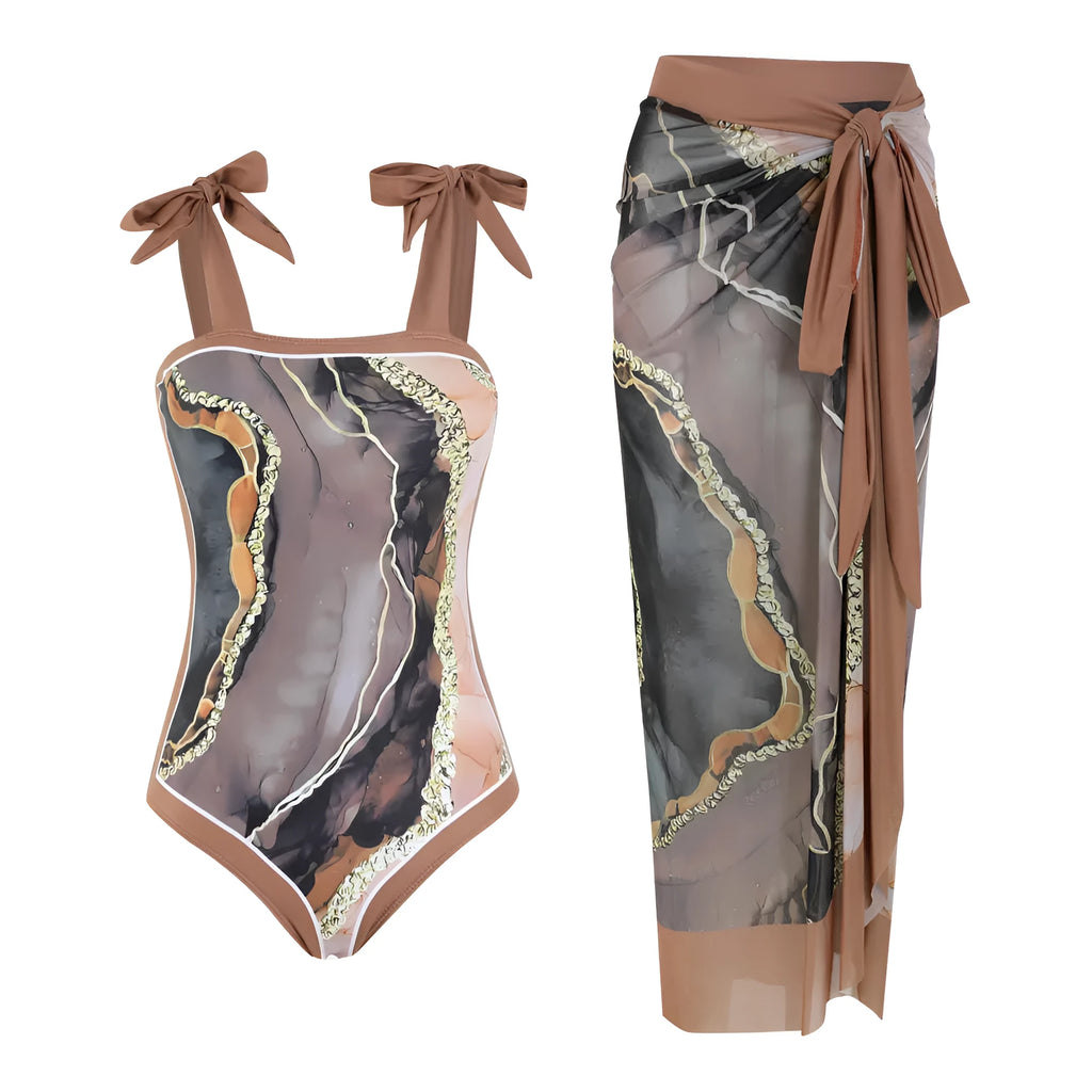 Multicolour floral print one-piece swimsuit with mesh tube top and attached skirt for swimming