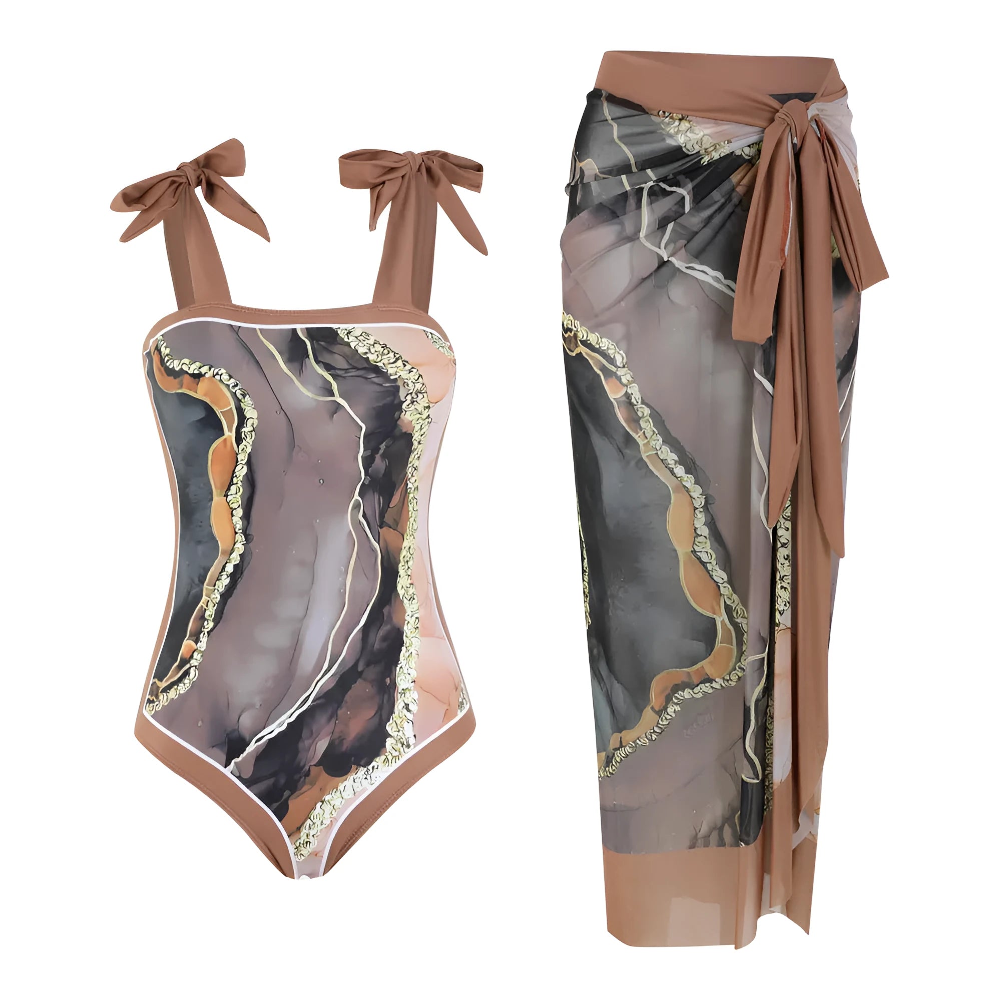 Multicolour floral print one-piece swimsuit with mesh tube top and attached skirt for swimming