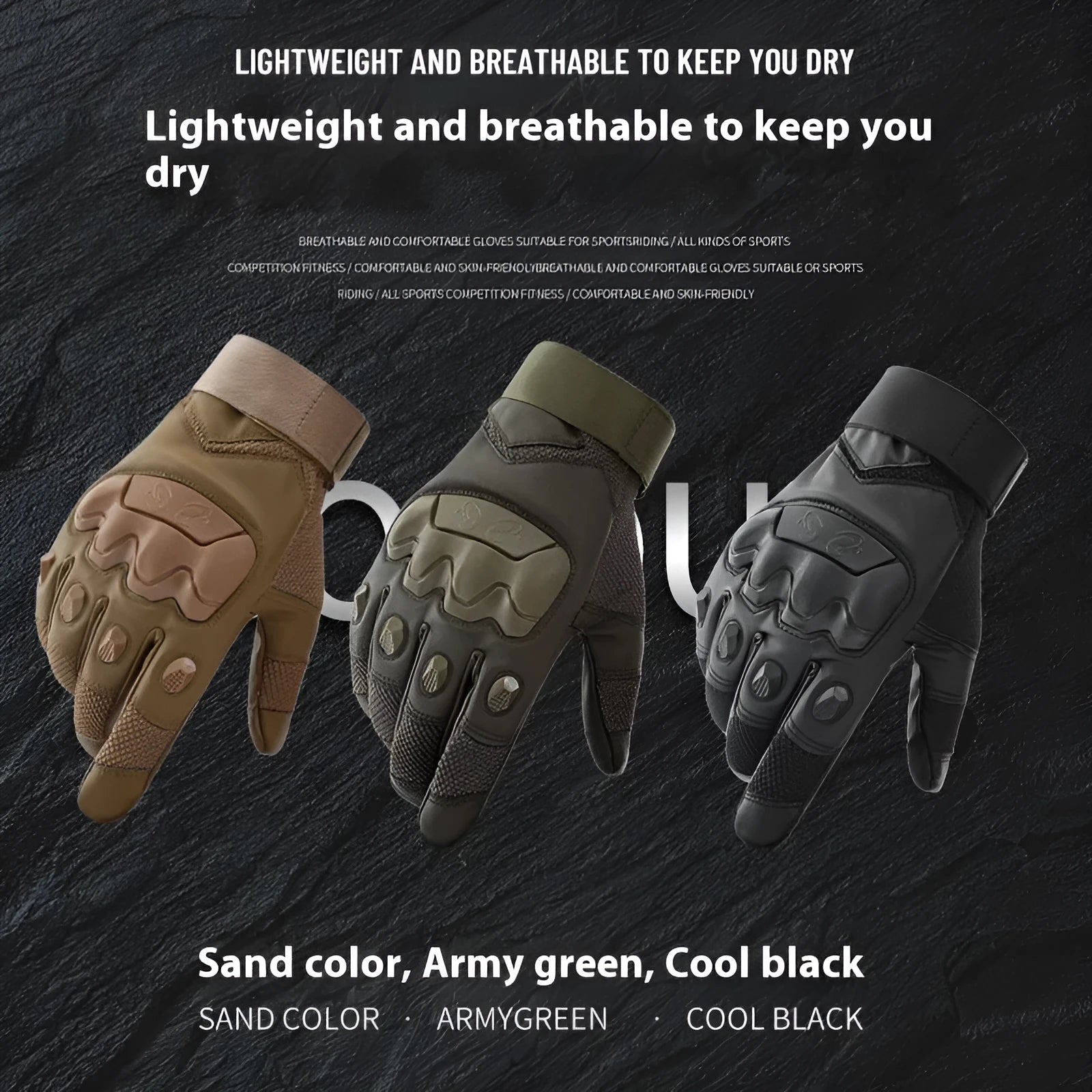 Men's black full finger tactical gloves with touch screen-compatible fingertips on a hand.