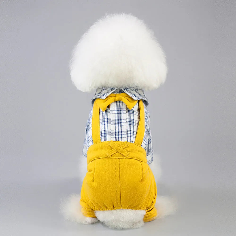 Cotton dog clothes in yellow or khaki, spring summer pet clothing, sizes S to XXL with Xs listed