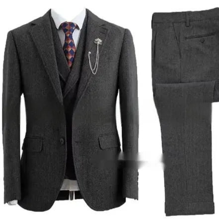 Men's slim fit three-piece suit in brown nylon with jacket, waistcoat, and trousers
