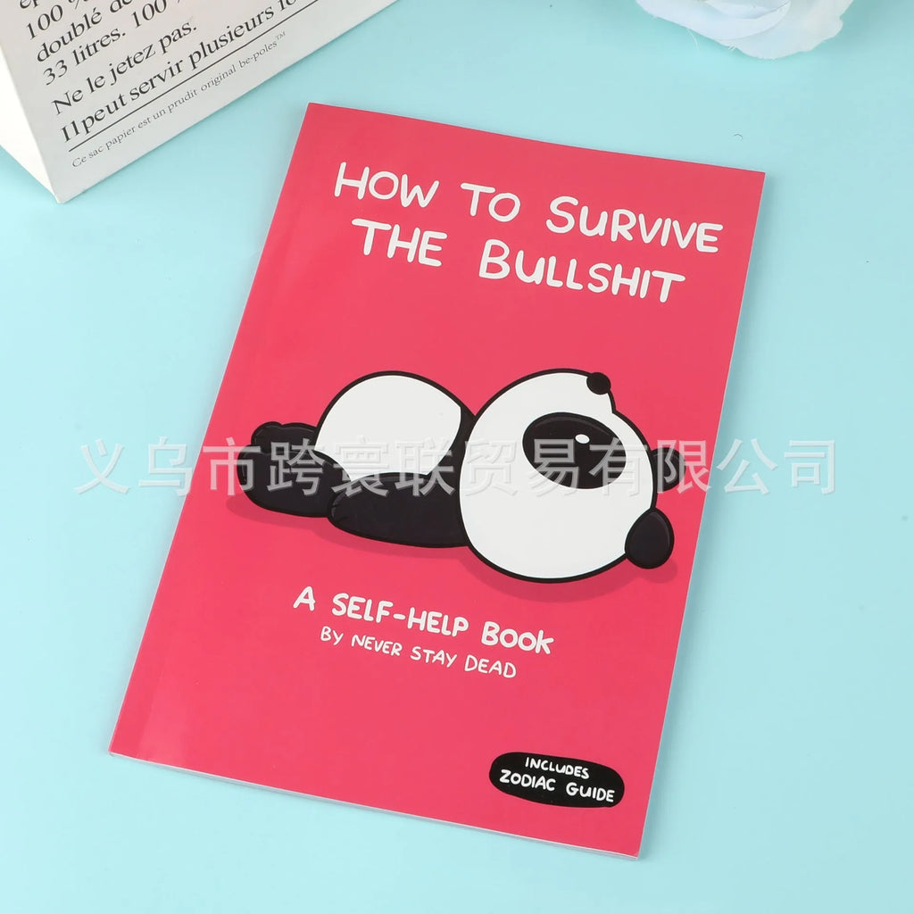 Red self-healing cartoon survival book notebook with paper cover open on a desk