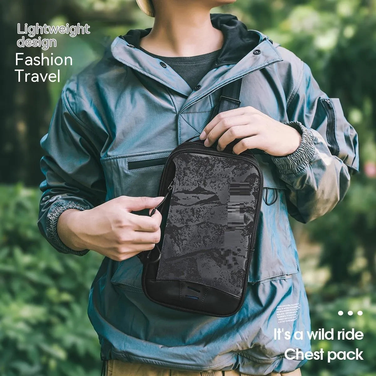 Casual black TPU camouflage chest bag with adjustable strap and front sandwich pocket on a person.