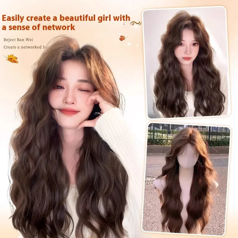 Full-head long curly artificial hair wig with side bangs in brown colour options
