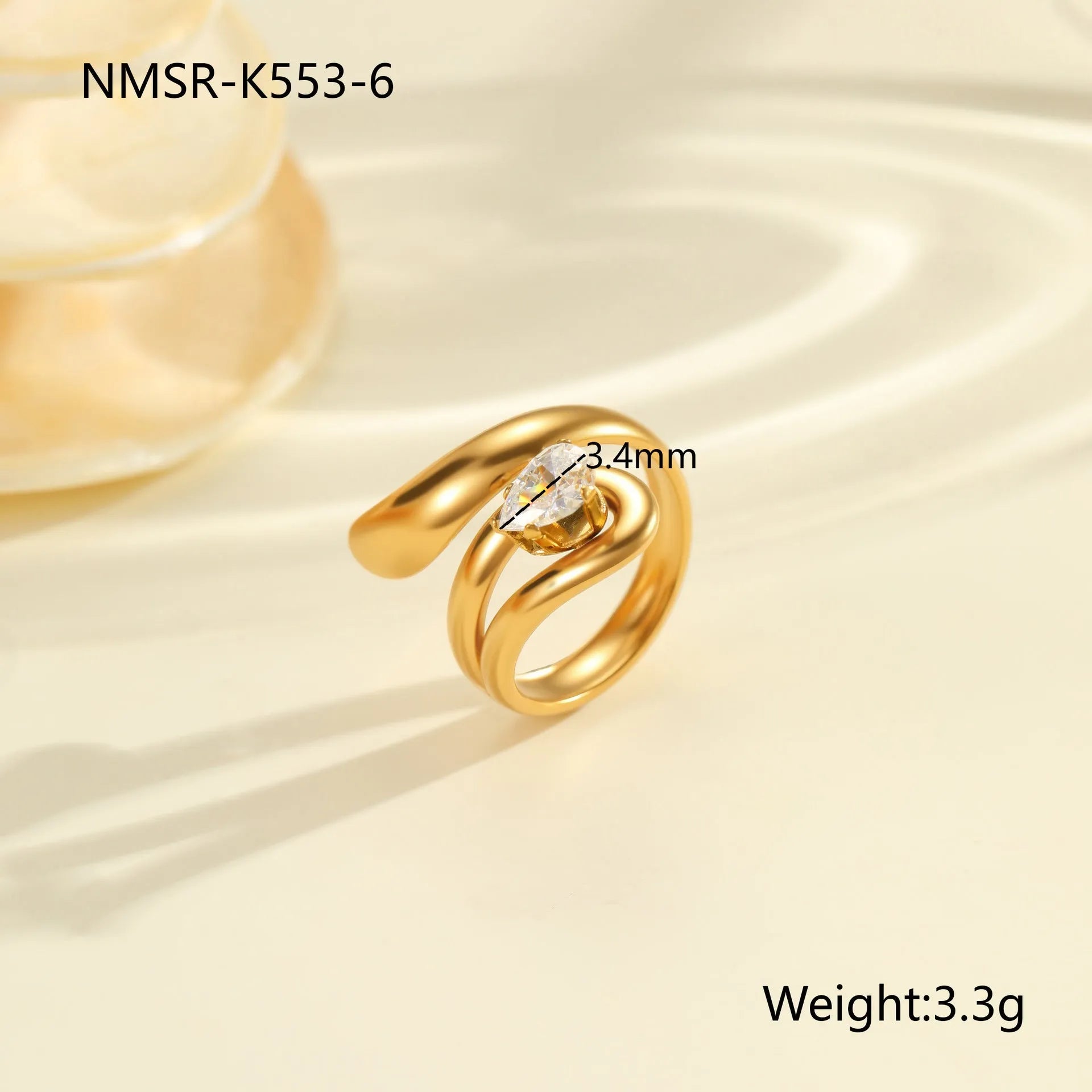 Geometric stainless steel ring with open mouth adjustable design and faceted zircon centrepiece