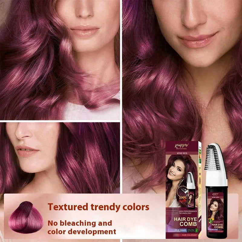 Hair dye comb kit showing 200ml tube with integrated comb applicator in dark brown, wine red or brown shade options