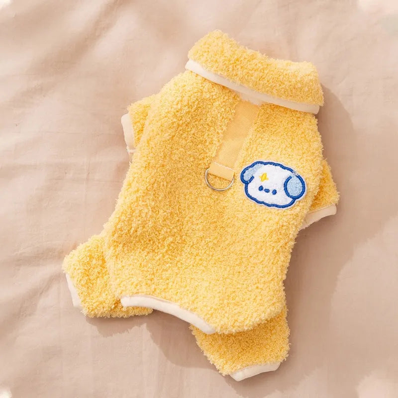 Yellow thick plush dog pajamas one-piece winter pet coat with lapel front for puppies and cats