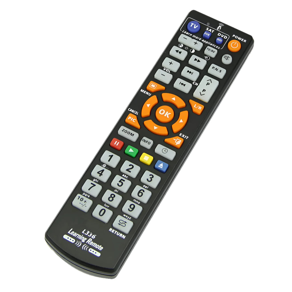 Black L336 learning remote control with full button layout for audio equipment