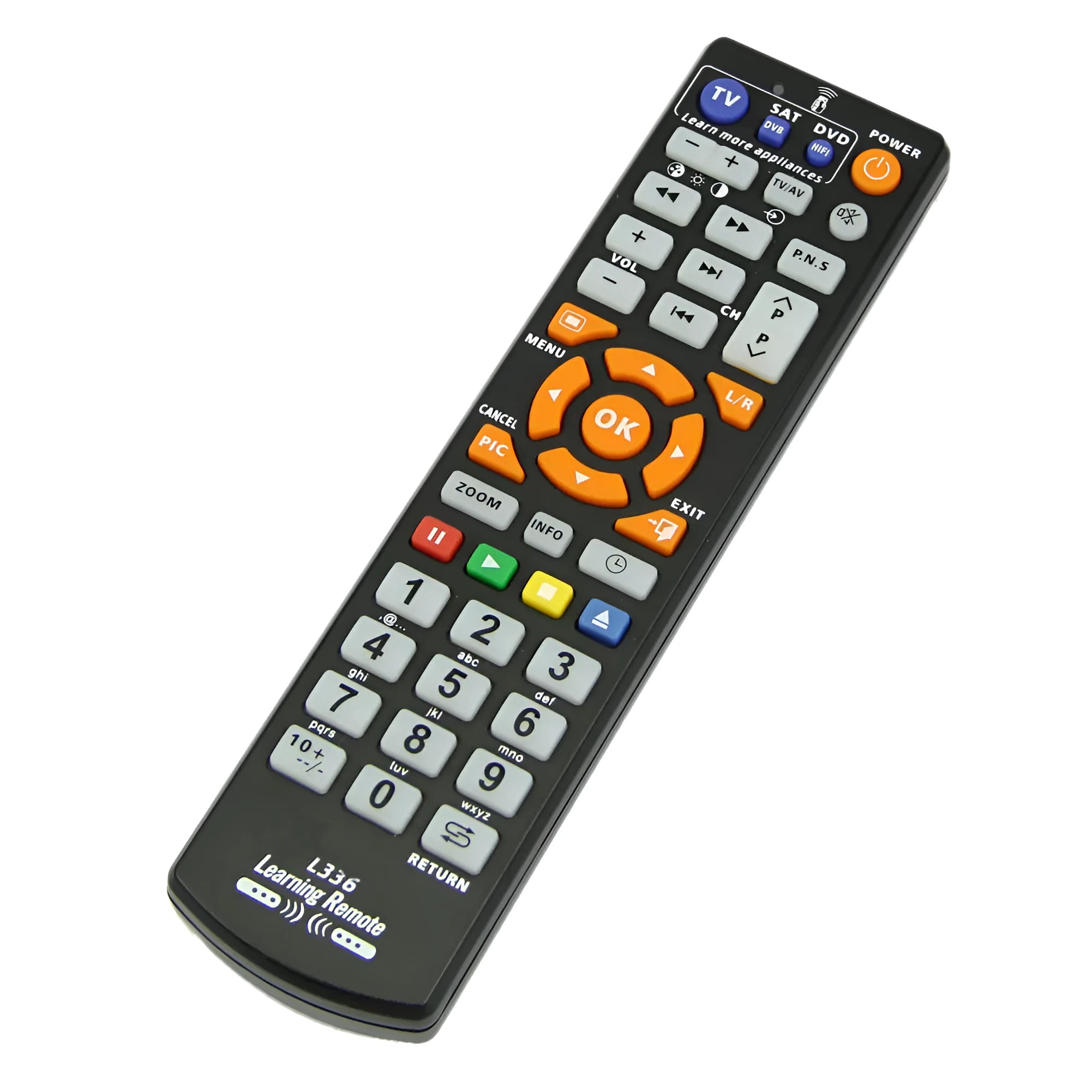 Black L336 learning remote control with full button layout for audio equipment
