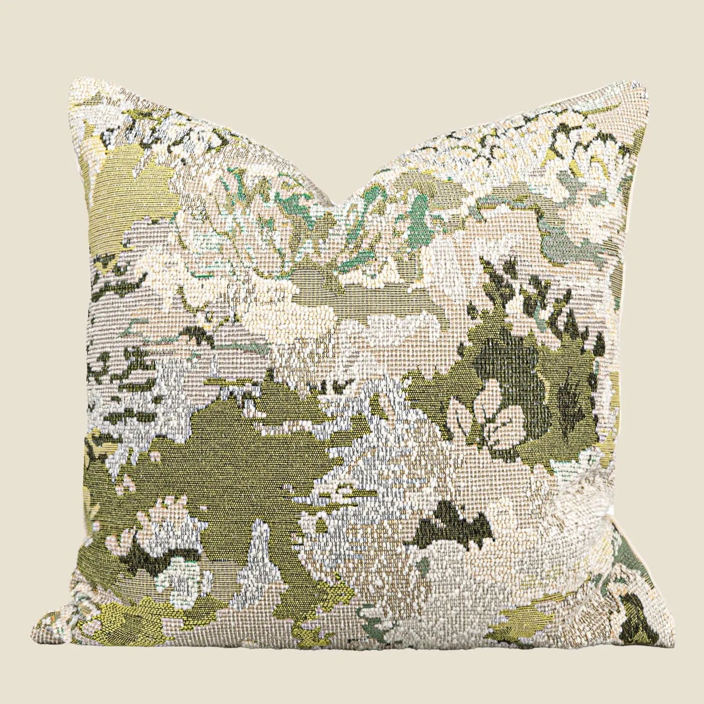 Antique green wool blend pillow case with abstract plant and flower pattern, shown in 50×50cm square size.