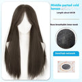 Black long straight synthetic wig with bangs for women in brown-black colour option