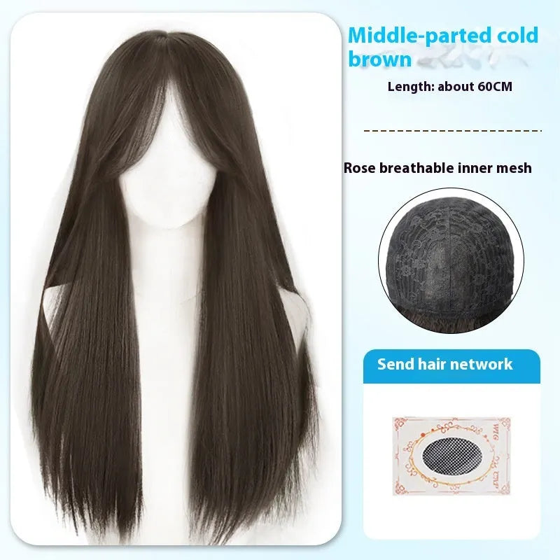 Black long straight synthetic wig with bangs for women in brown-black colour option