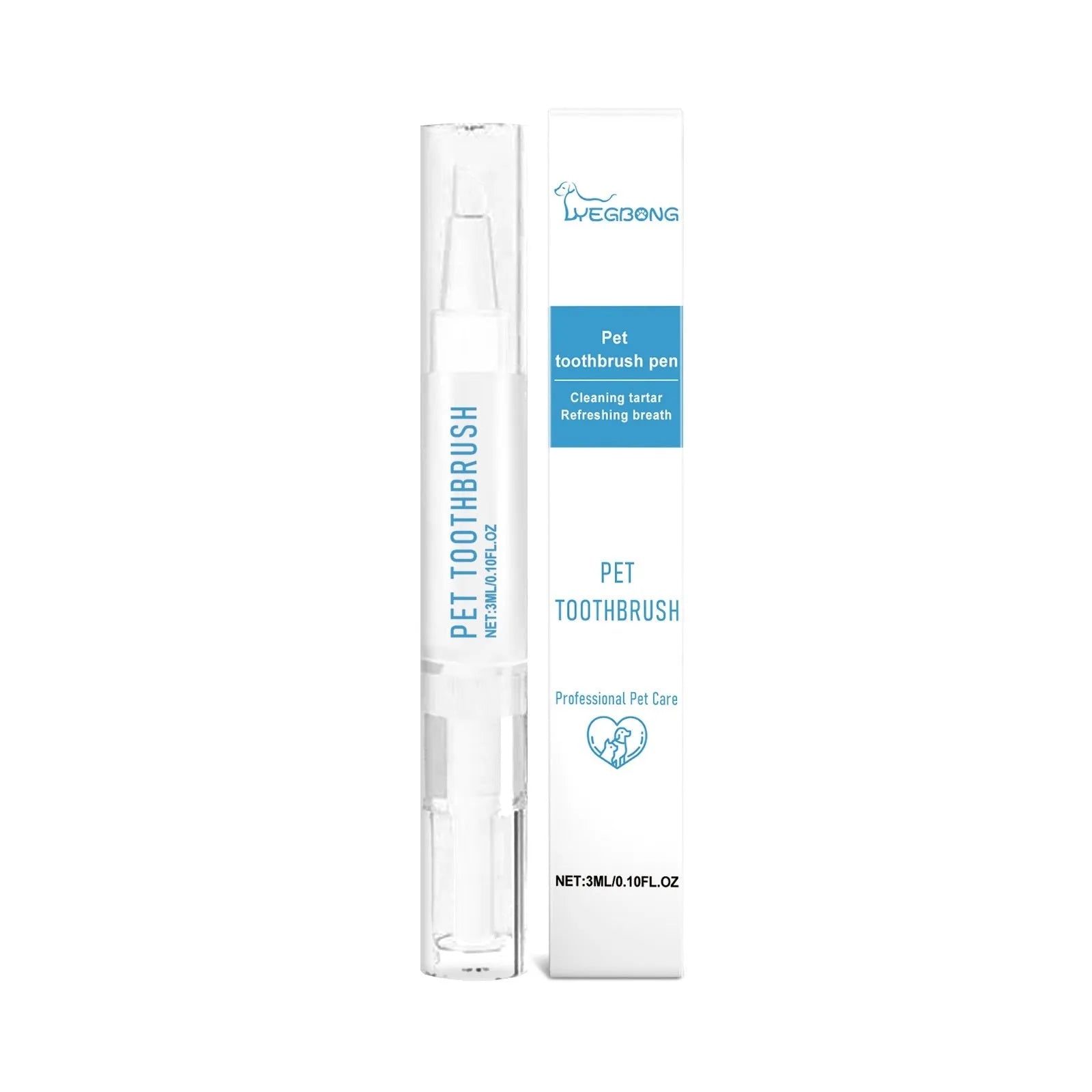 Pet toothbrush pen with 3ml breath-care gel and soft applicator brush for dogs and cats.
