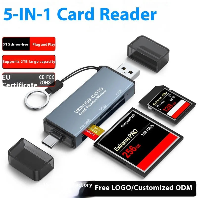 CF SD TF three-in-one memory card reader with aluminium alloy casing and USB 2.0 connectivity