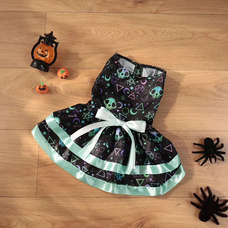 Colourful Halloween dog skirt with pumpkin print on a small dog.