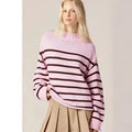 Stripe warm knitted pullover in thick chenille, loose fit, round neck, long sleeves, pink colour