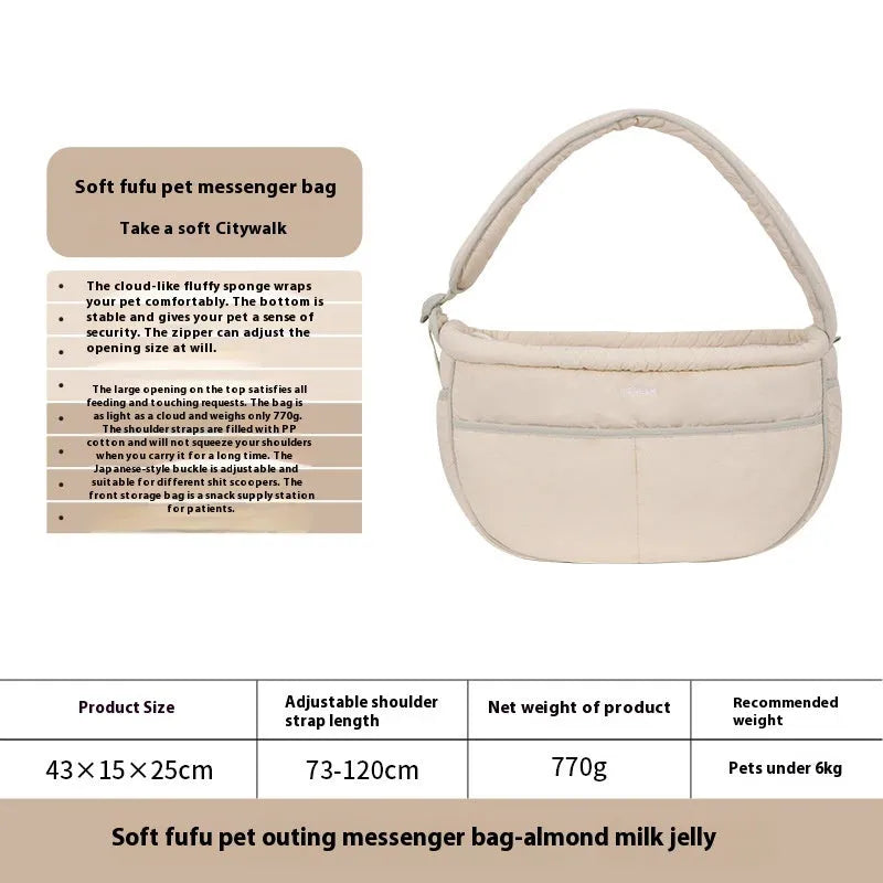 Nylon pet messenger bag for pets under 6kg with adjustable cross-body strap, shown in Almond Custard and Butter Pudding