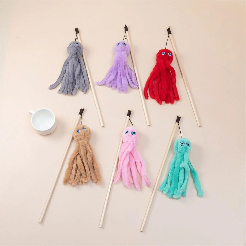 Octopus cat toy on 40cm stick in bright colours for indoor feline entertainment