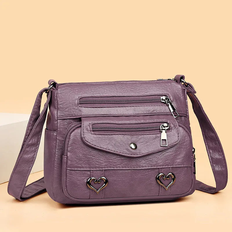 Soft PU crossbody shoulder bag with multi-pocket design in urban simplicity style, available in brown colour