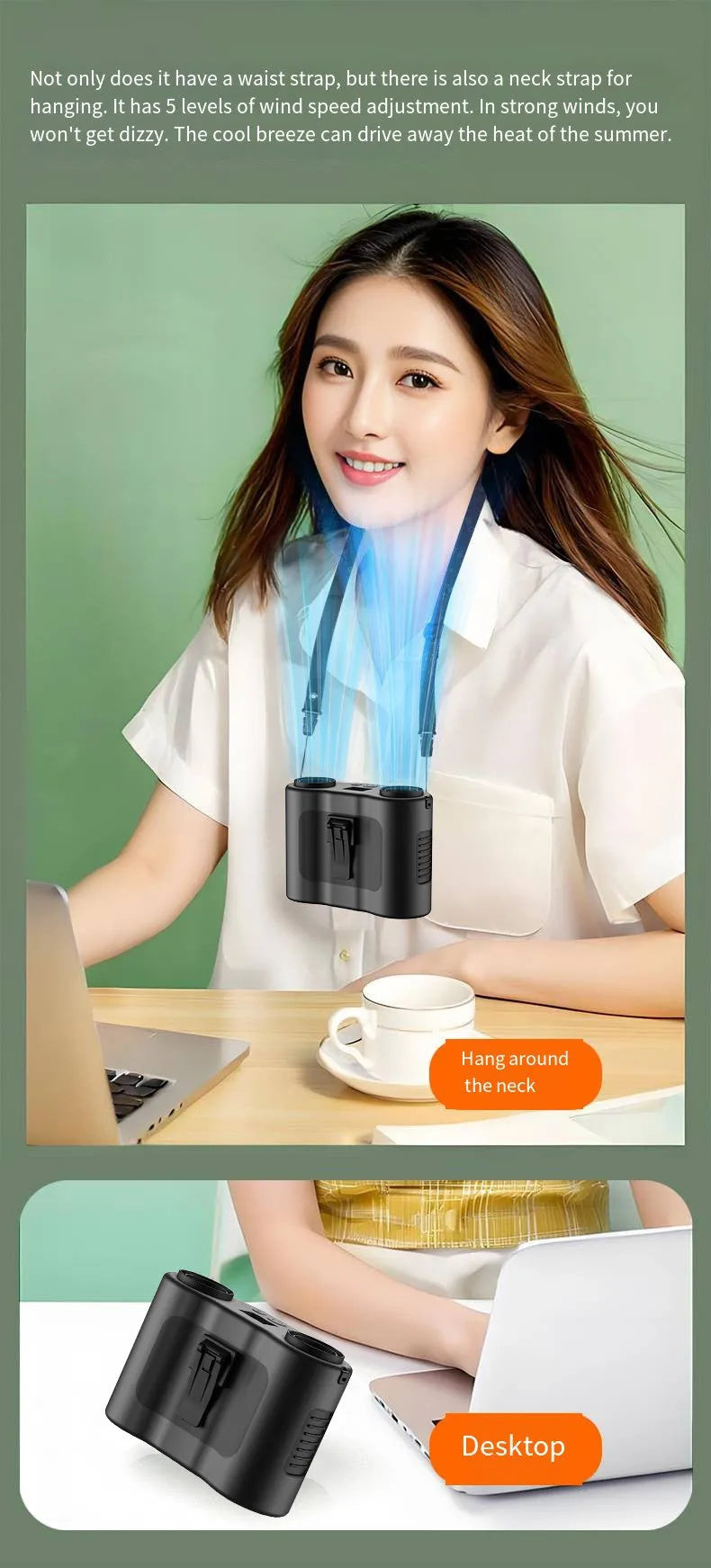 Black waist-hung personal fan with neck lanyard attached, showing the five-blade turbine and top control button.