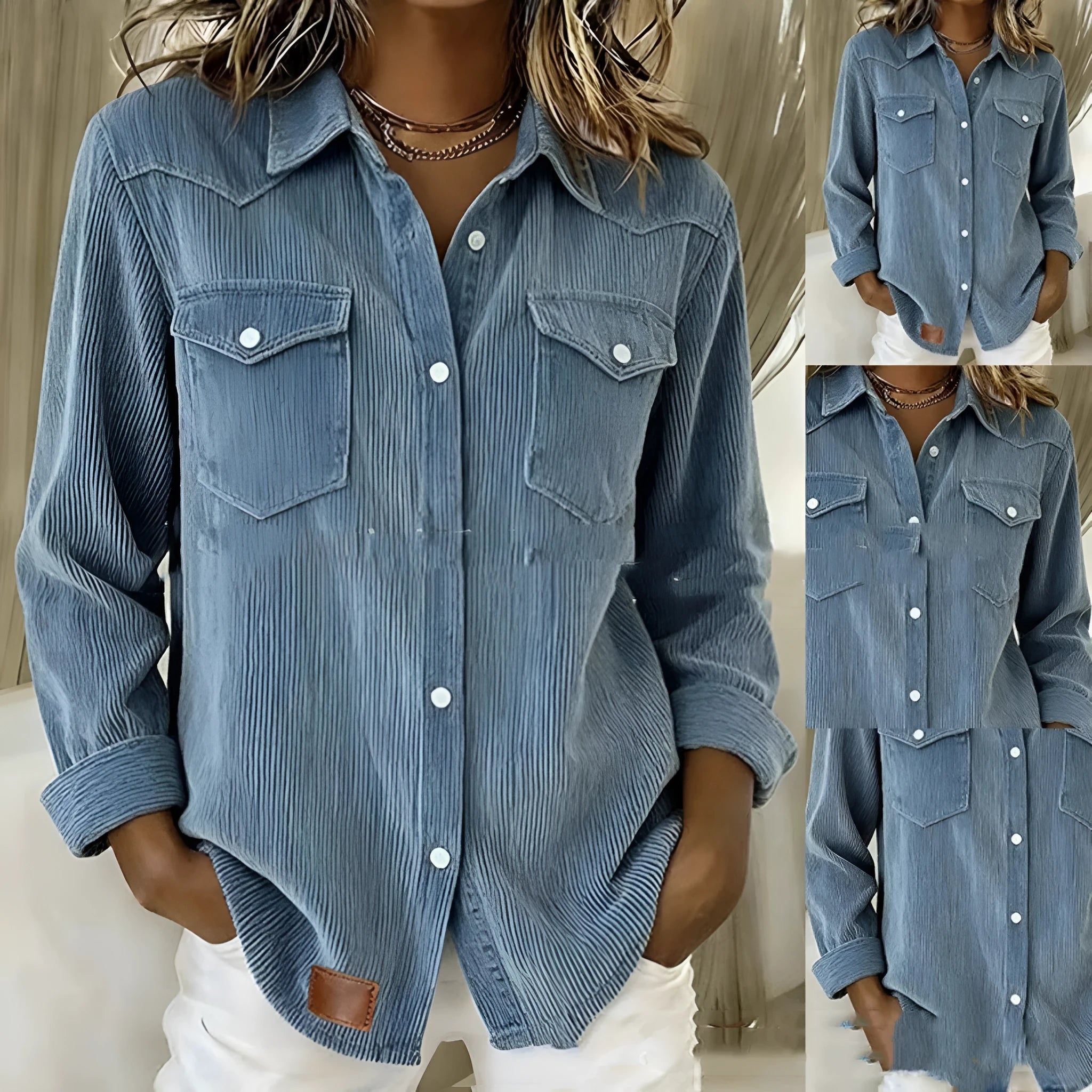 Women's light blue distressed polyester denim jacket with cardigan-style open front, long sleeves, and regular fit on display