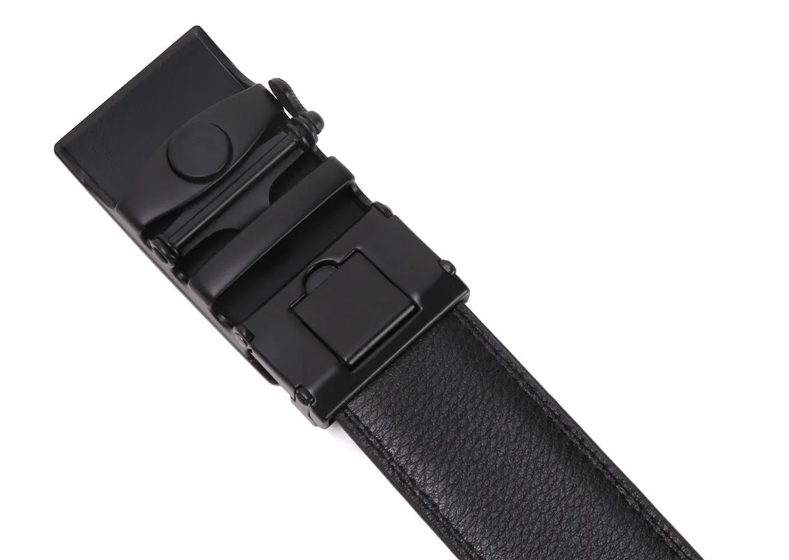 Automatic buckle belt for men in black artificial leather with silver alloy rectangular buckle