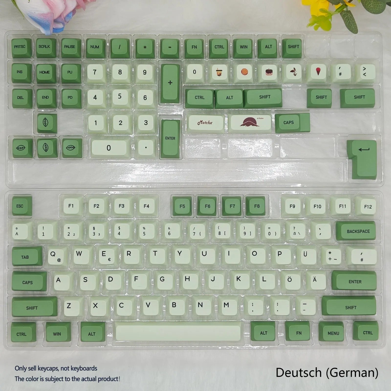 Matcha coloured PBT keycap set with 124 keys showing multiple language legend options