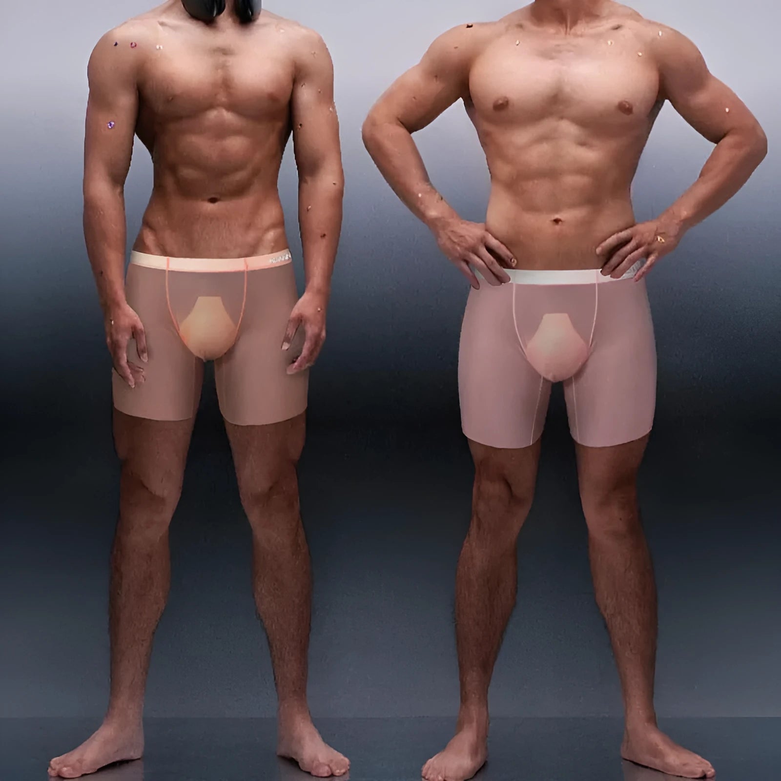 Men's seamless boxer shorts in orange, pink, or red, made from quick-drying nylon.