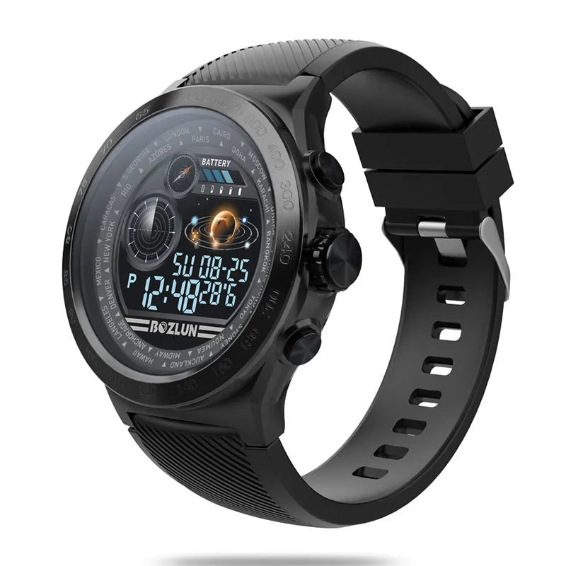 Smart watch with round screen, silicone strap, 45x49mm body, 14.5mm thick, heart rate and pedometer functions.